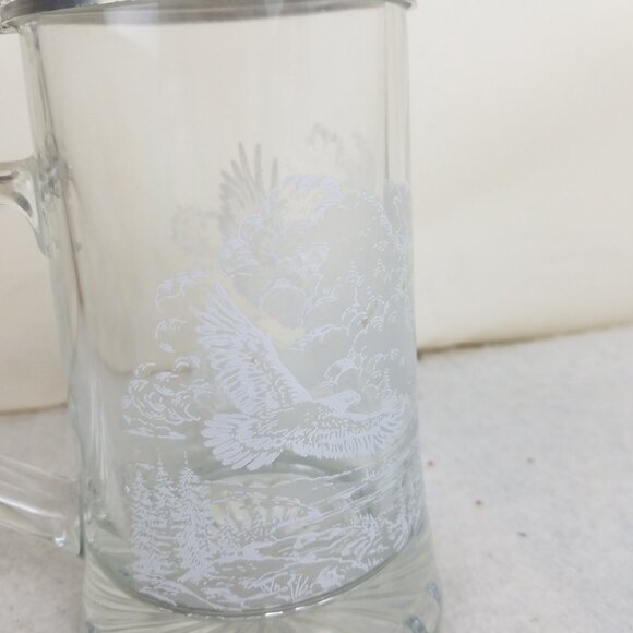 Bald Eagle Beer‎ Stein Mug Etched Glass Pewter Domex Germany Vintage - Picture 5 of 10